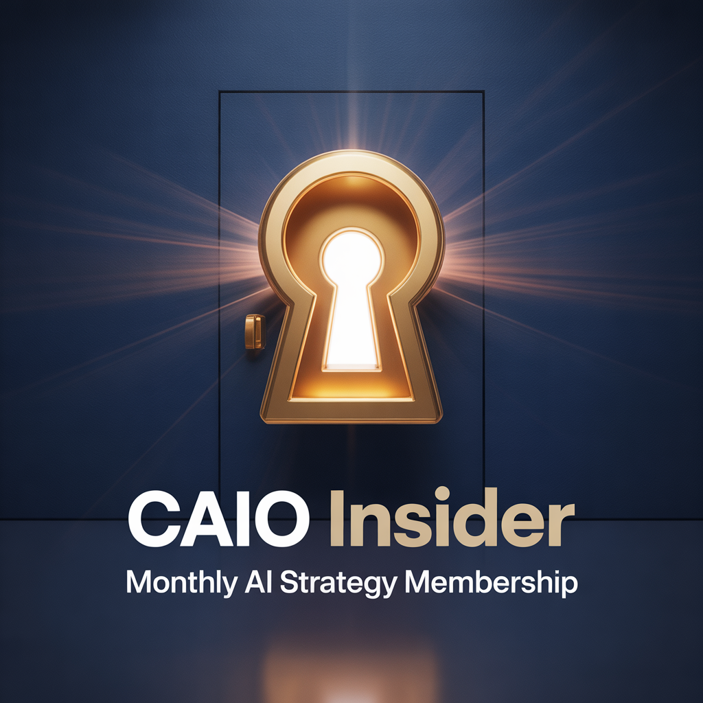 Promotional graphic for CAIO Insider with a keyhole symbol on a dark blue background