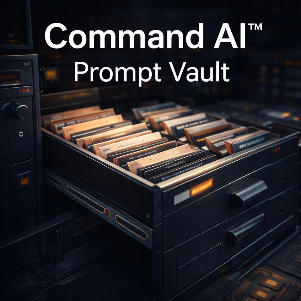Promotional graphic for 'The Command AI Prompt Vault' with geometric shapes and a dark blue background.