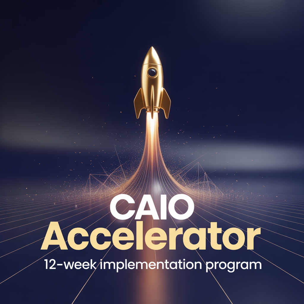 Gold rocket launching with 'CAIO Accelerator' text on a dark background