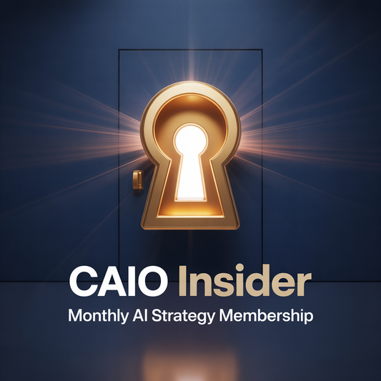 Promotional graphic for CAIO Insider with a keyhole symbol on a dark blue background