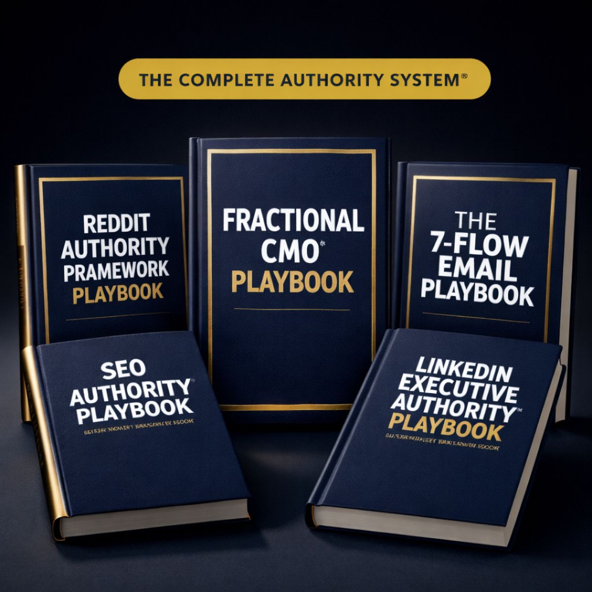 Five blue playbooks with white and gold text on a reflective surface.