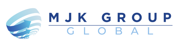 Logo of MJK Group Global with a blue and white design on a white background