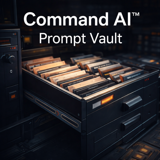 Promotional graphic for 'The Command AI Prompt Vault' with geometric shapes and a dark blue background.