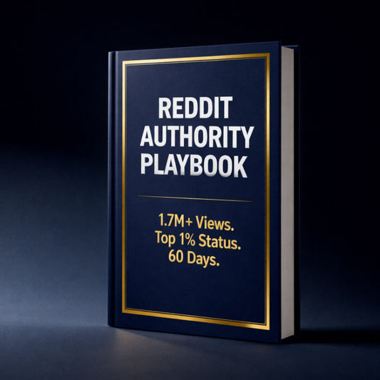 Book titled 'Reddit Authority Playbook' with gold edges on a dark background