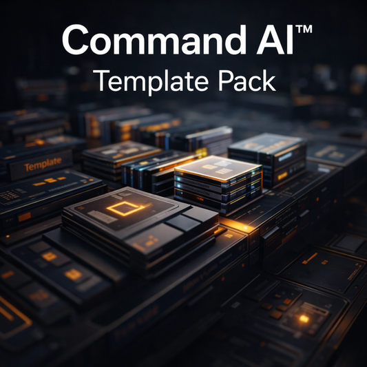 Text 'The Command AI Template Pack' surrounded by wavy blue and gold designs on a dark background