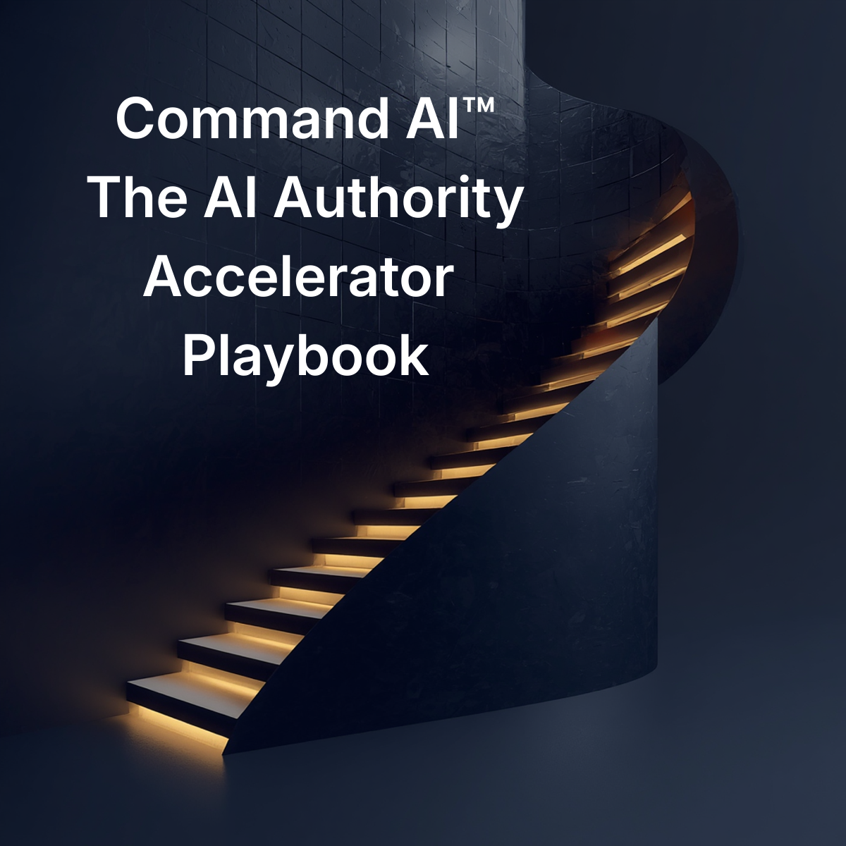 Staircase with illuminated steps leading upwards against a dark background, featuring text about Command AI and an accelerator playbook.