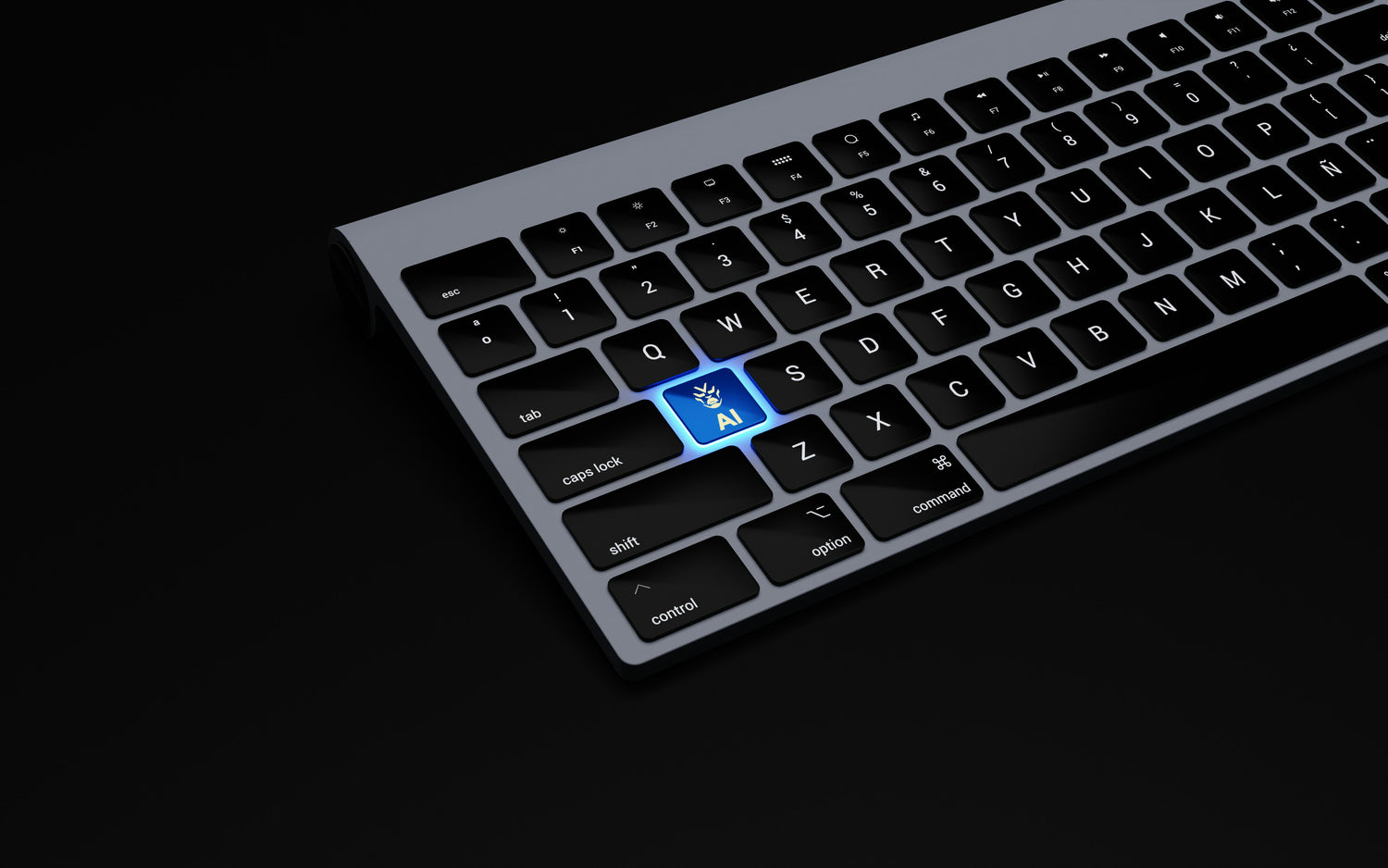 Close up of a computer keyboard with a glowing blue AI key highlighted against a dark background.